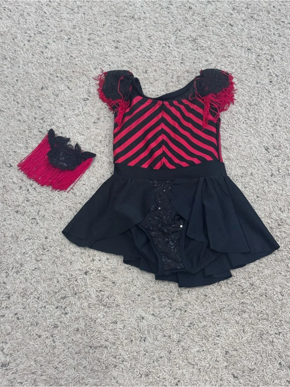 Weissman Black and Red Striped Dance Dress with Fringe Accent, Jazz Tap Costume